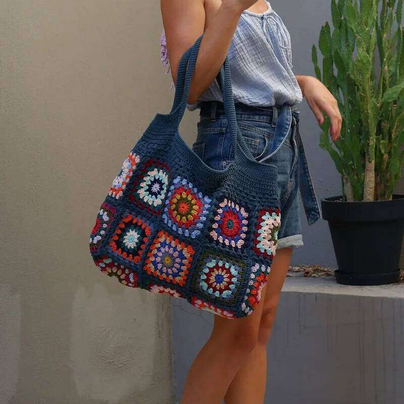 Designer Bag Colorful Boho Chic Granny Square Crochet Woven Handbags For Women Beige Blue Market Bag Vintage Style Hippie Summer Beach Purse