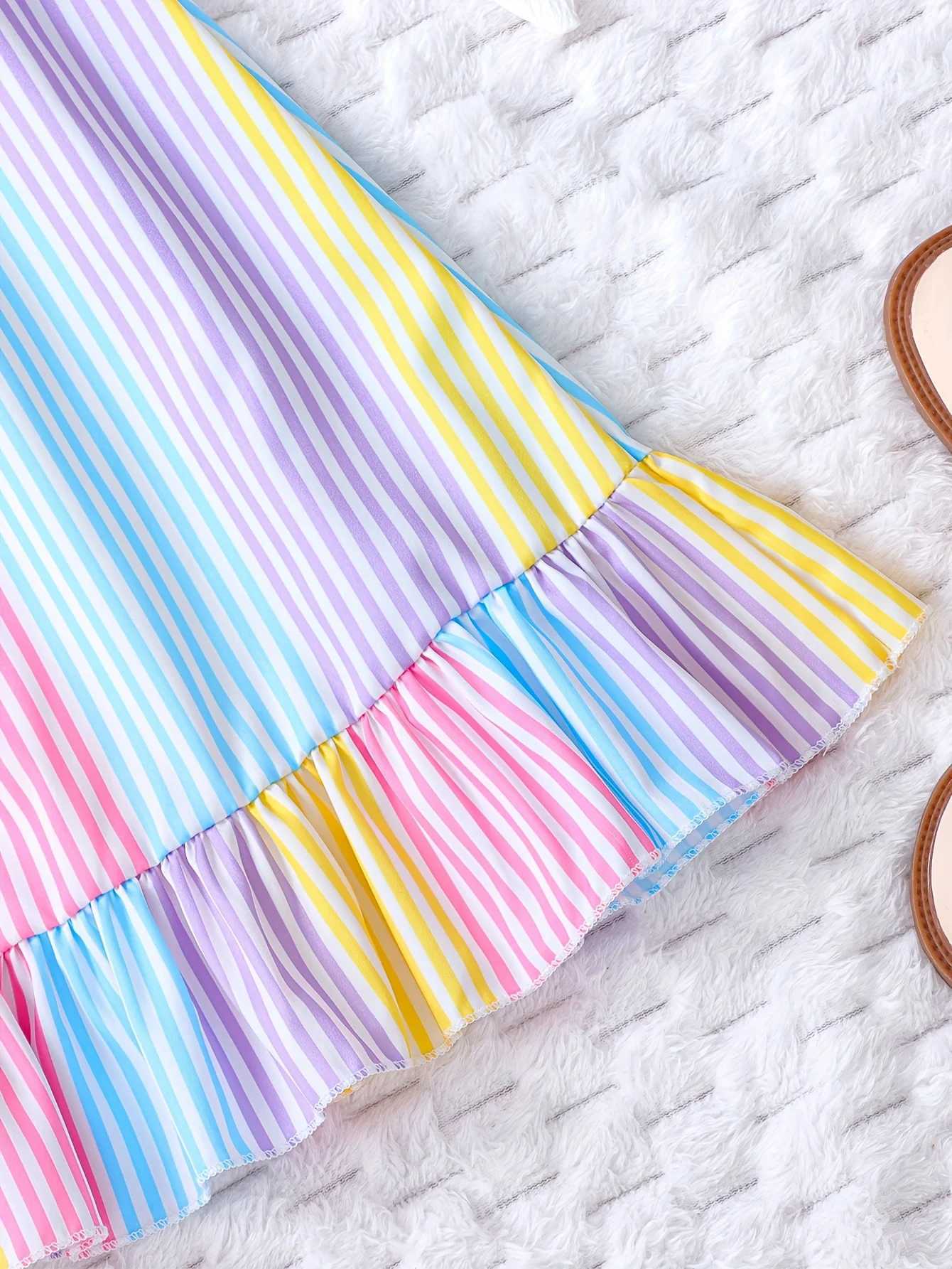 Girls Summer Colorful Striped Ruffle Hem Dress Childrens Summer Vacation Beach Play Suspender Dress X250528