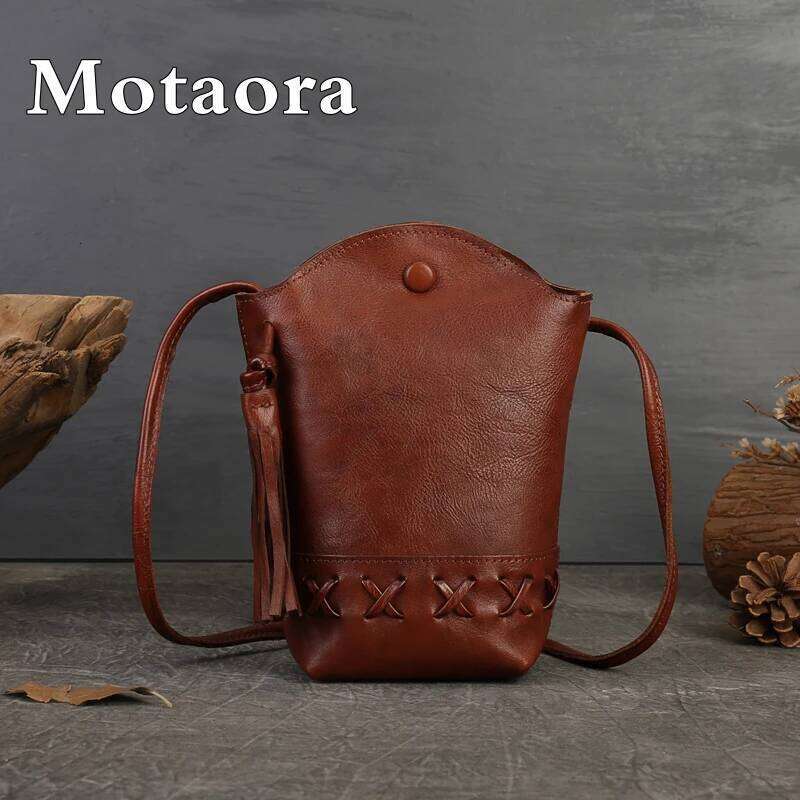 New Small Cowhide Women Shoulder Casual Tassel Bucket Handbag Mini Genuine Leather Mobile Phone Crossbody Bag Purse