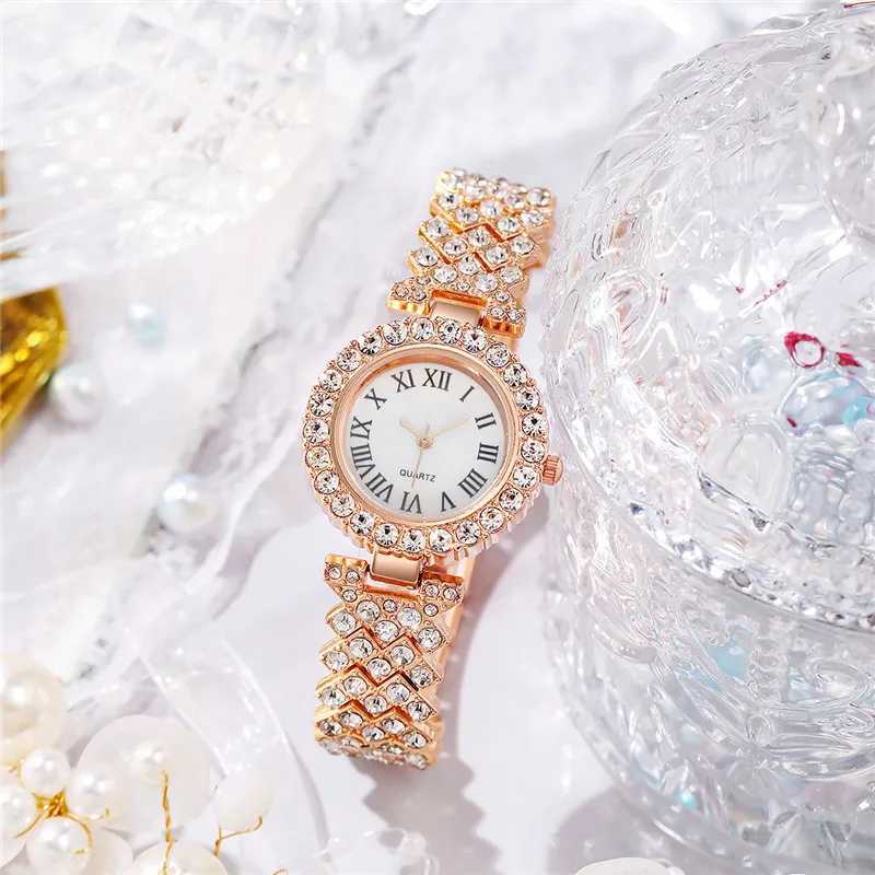 2PCS/Set Womens Watch Fashion Rhinestone Roma Dial Quartz Watches Stainless Steel Band Wrist Watch Bracelet Set XJ250527