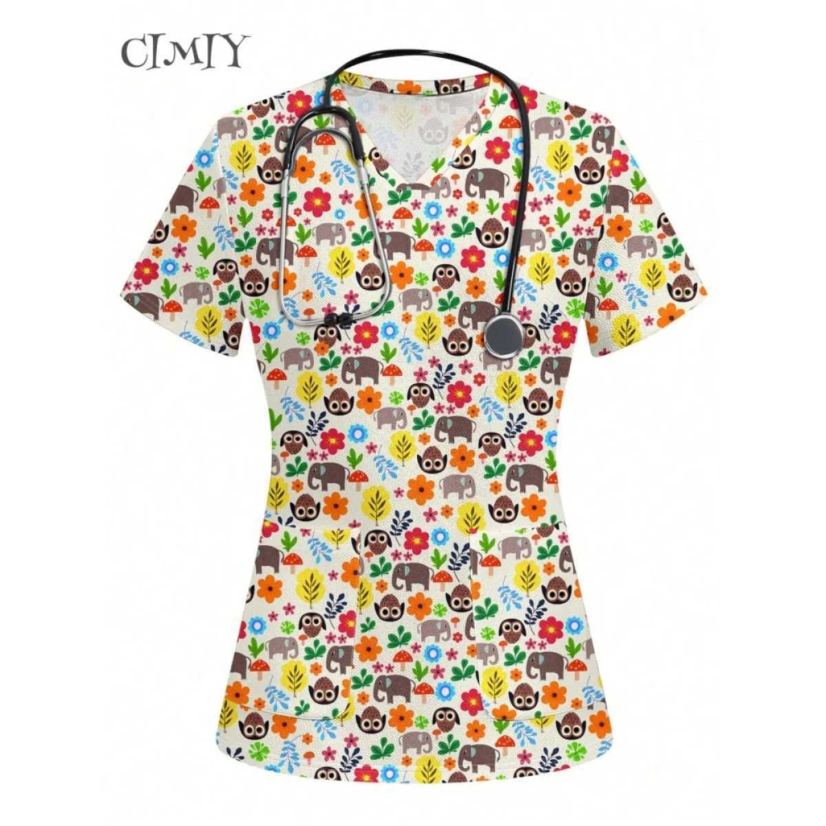 Uniform Nurse Cat Print Scrub Tops Pet Shop Medical Uniforms Nurse V-Neck Shirt Nursing Accessories Doctor Scrubs Clothes 2025 X250528