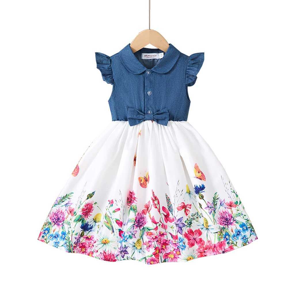 New Kids Girl Dress Summer Floral with Bow Fashion White Dresses Short Sleeve Children Clothing Outfits Casual Printed Dresses X250528