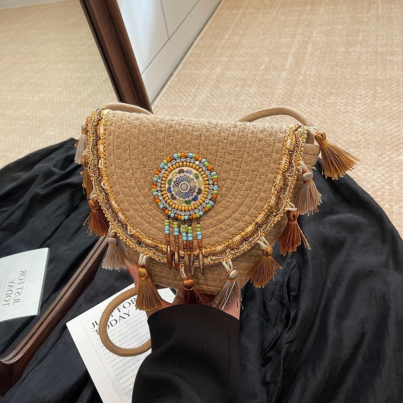 Luxury Brand Designer Bag Bohemian Style Grass 2025 Summer New Woven Hand-Held Tassel Letter Package Single Shoulder Crossbody Women's Bag