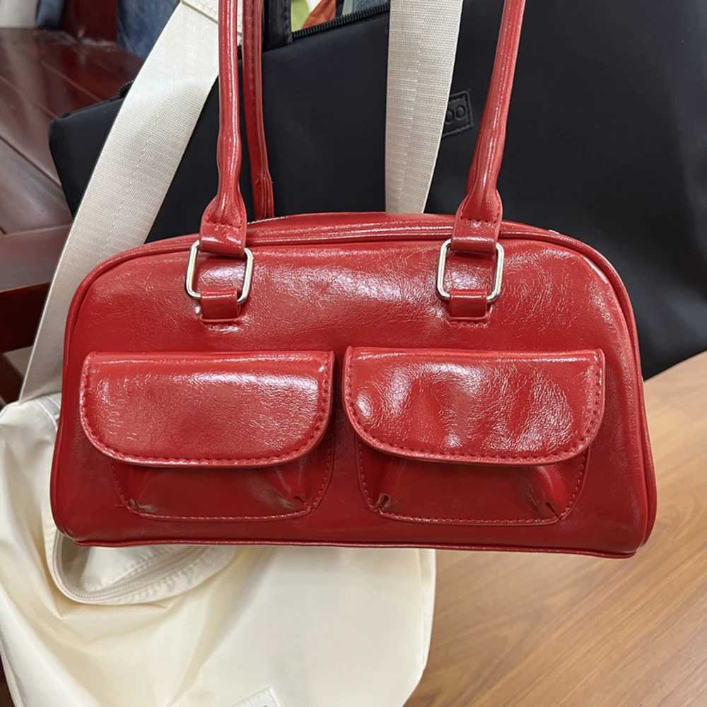 HOT Korean Xu Yunzhen Sane Style Oil Bowling Bag Commute PU Leather Underarm Bag For Women Vintage Large Handbags Purse Y250528