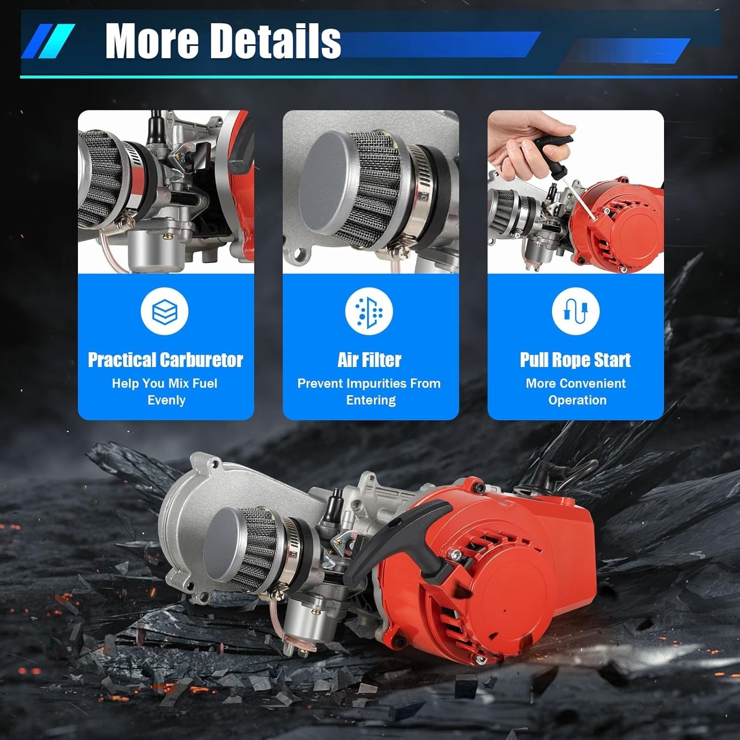 49cc 50cc 2 Stroke Racing Engine Motor, Gasoline Engine Single Cylinder Pull Rope Start Motor for Dirt Bike Pocket Bike ATV Scooters, Pocket Bike Engi