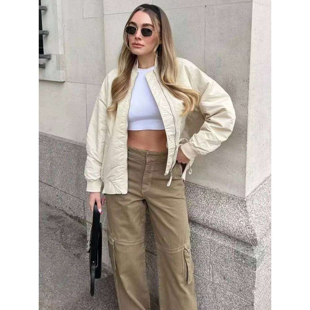 ZBZA Women's Spring Autumn Round Neck Loose Bomber New Oblique Pocket Zipper Oversized Jacket Coat Chic Female Outerwear