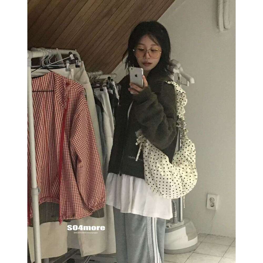 Polka Dot Korean INS Niche Cute Lace-up Pleated Single Shoulder Crescent Saddle Bag Versatile Crossbody Handbag