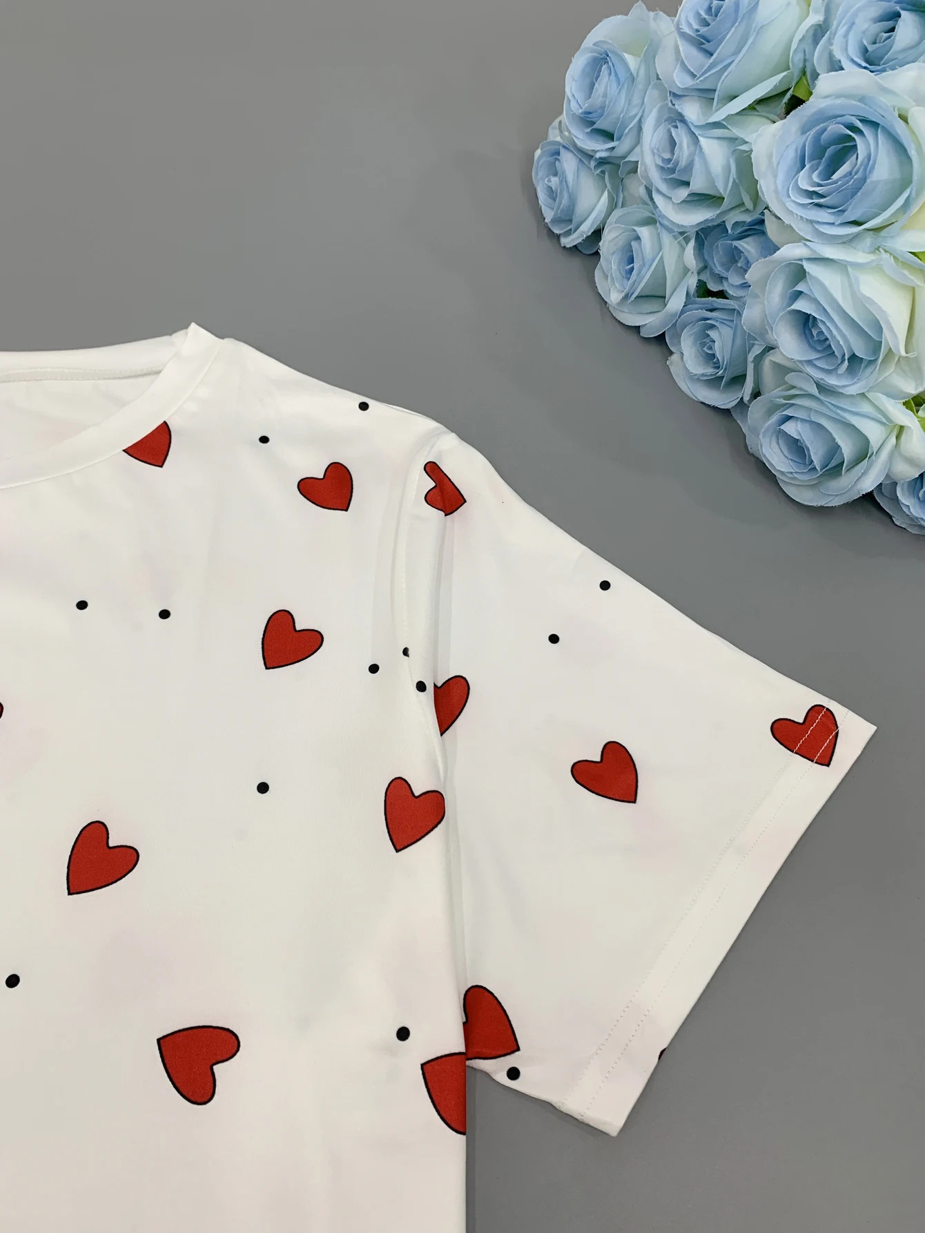 Plus size womens round neck love printed shortsleeved Tshirt simple and versatile knitted sweater pullover top 250519