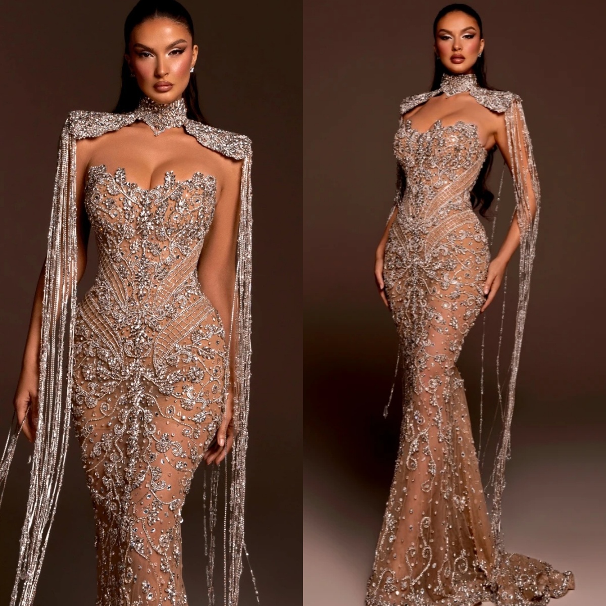 Luxury See Through Crystal Wedding Dresses Tassel Beading Strapless Bridal Gowns with Cape Rhinestone Customized Bride Dress Vestidos De Novia