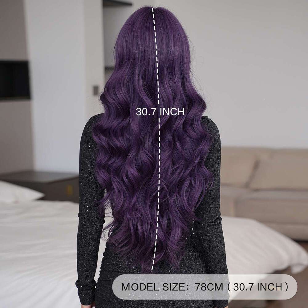 For Women Long Curly Hair Natural Fluffy Deep Purple Wig Full Head Set