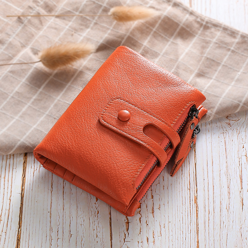 Free Shipping Popular Women's Short Soft Leather Designer Wallet Top Layer Cowhide Anti-theft Brush Double Zipper Card Bag ID Bag Coin Bag