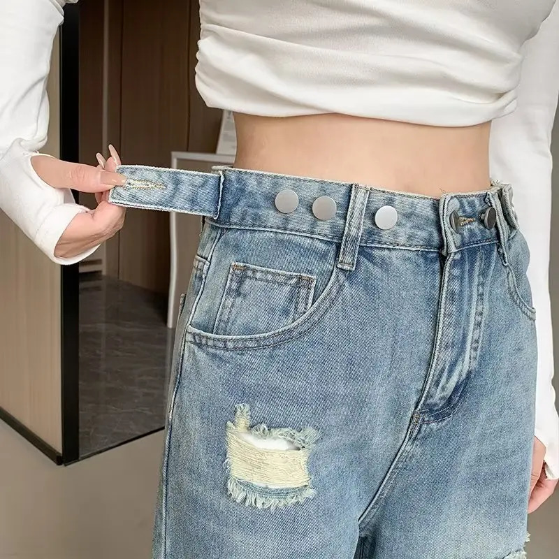 2025 Spring Summer Jean Hole Ripped Loose Full Length Blue Color High Waist Denim Pants For Women Streetwear Trousers 250516Z