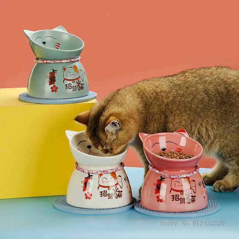 Lucky Cat Ceramic High Foot Anti-tipping Protection Cervical Rice Bowl Dog Drinking Water Food Bowl Supplies Y250528