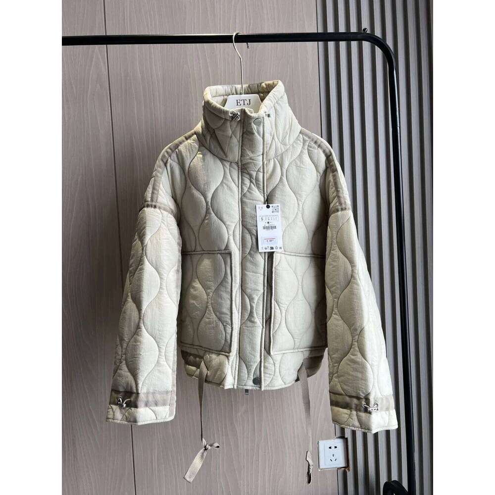 Quilted coat ETJ traf QUILTED JACKET WITH TIES new beige drawstring high neck pocket clip cotton jacket for women