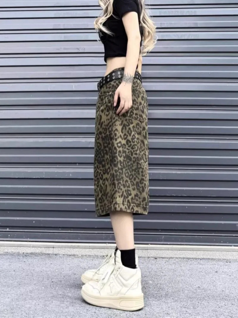 Vintage Leopard Print n Sevenpoint Trousers Street Personality Trendy Jeans Short High American Fashion Jean 250516Z