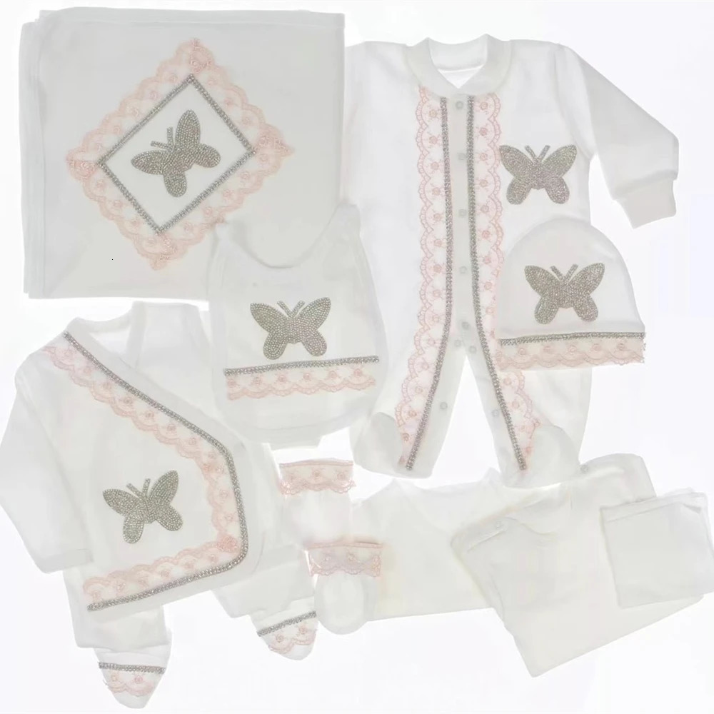 Taking me Home Pearly Crown Jewlery Angle Wings Romper Onsie Set 10pcs Bling Butterfly born Blanket Bedding Gift 250517