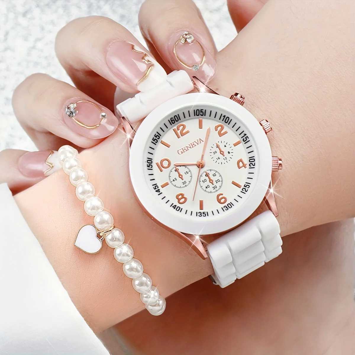3/6PCS Womens Watches Casual Silicone Band Analog Quartz Watch Heart Pearls Jewelry Set(Without Box) XJ250527