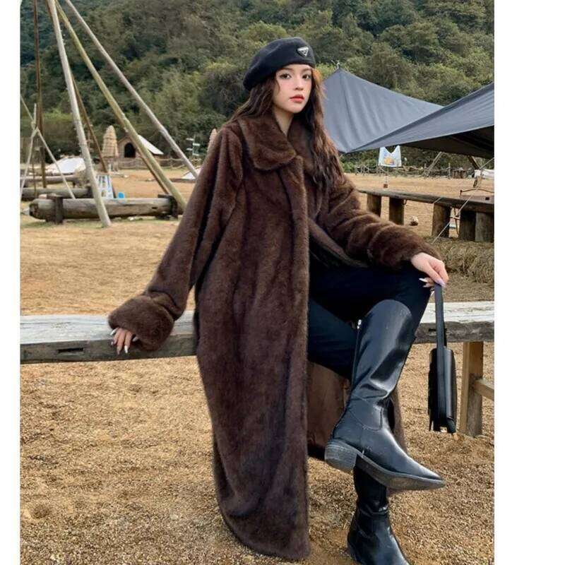 Winter Vintage Brown Lapel Mink Faux Fur CHIC Women Full Sleeve Loose Warm Below Knee Maxi Long Jacket Coat