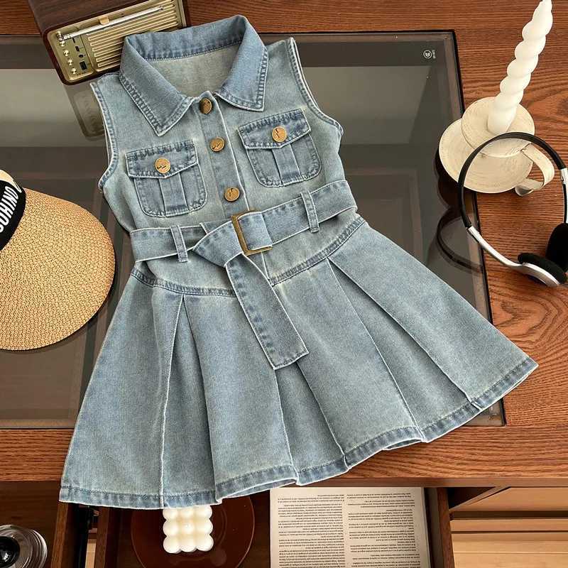 2025 Summer New Girls Denim Dress Belt Decoration Lapel Collar Sleeveless Tutu Princess Dress For 2 -10 Years Kids Fashion Dress X250528