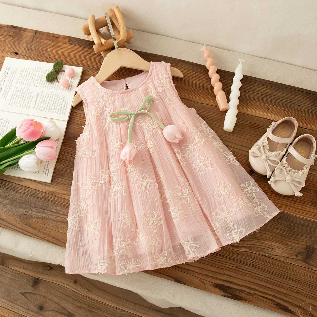 Girl Clothes Fashion Flower Decoration Sweet Pink Sleeveless Gauze Dress Summer Beach Dress Kids Clothes X250528