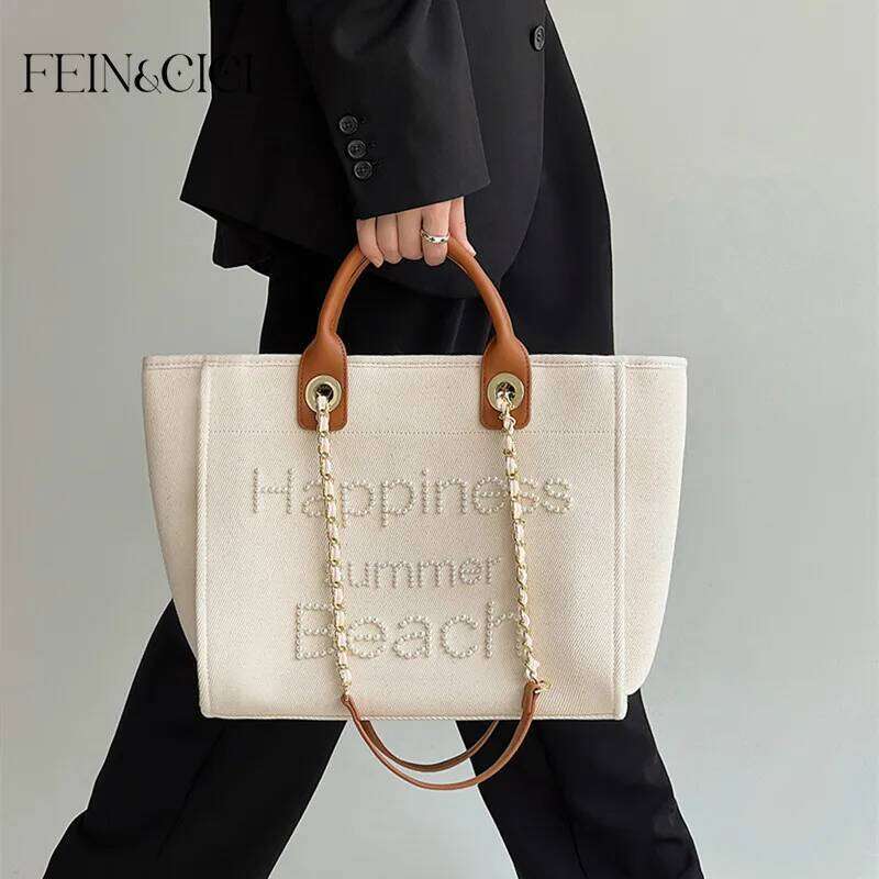 Women Designer Shopper Brand Beaded Pearls Canvas Tote Handbag Large Capacity Shoulder Genuine Leather Handle Beach Bag