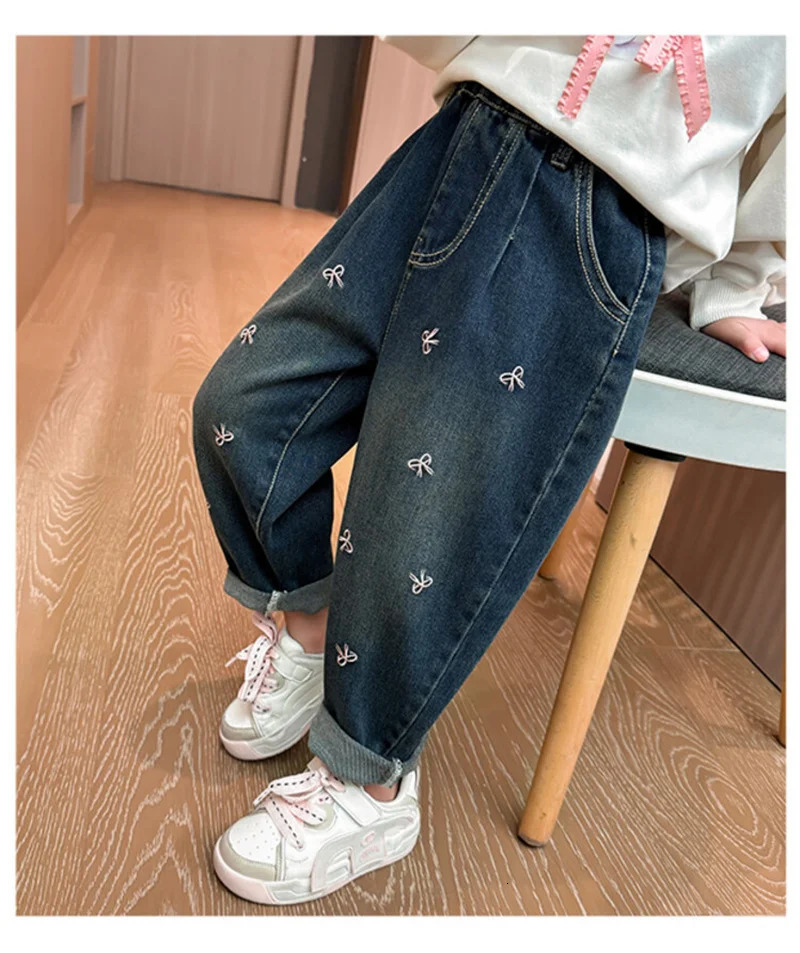Girls Bow Jeans Pants Spring Kids Elastic Loose Denim Autumn Children Bowknot Print Trousers Fashion Harlequin 210Y 250528