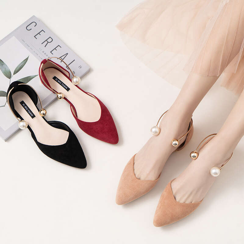 2025 Hot Hot Spring New Single Women's Pearl Ring Metal Heel Hollow Pointed Shallow Mouth Flat Bottom Shoes