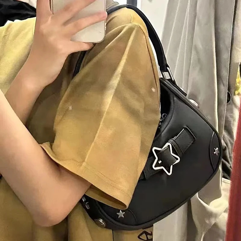 Womens Fashion PU Small Shoulder Bag Y2K Star Armpit Purse American Retro Black Chic Hobo Bag High Quality Handbag 250527