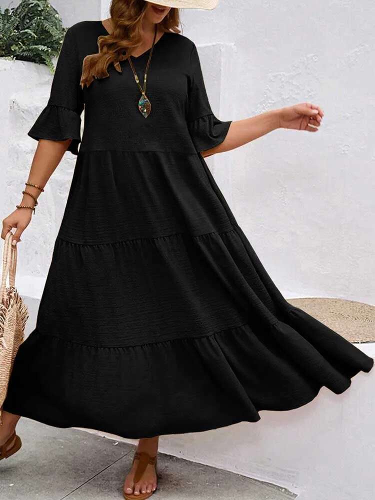 Summer Dresses for Plus Size Women Solid Color Bohemian Dress Maxi Elegant Fashion Fit and Flare Dresses Wholesale Dropshipping