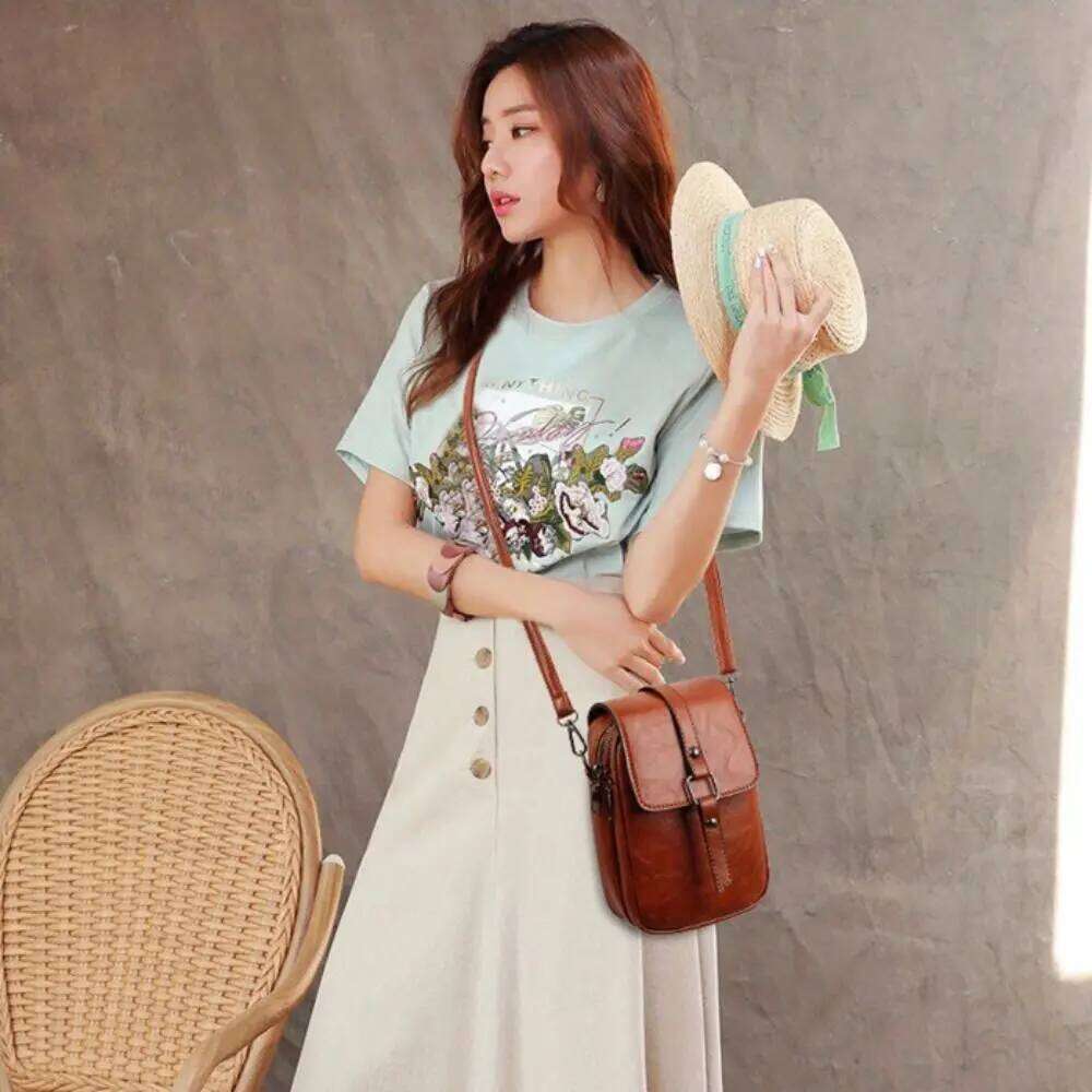 Portable Korean Style Zipper Messenger Bags Square Solid Color PU Crossbody Double Layer All-match Simple Phone Bag Travel