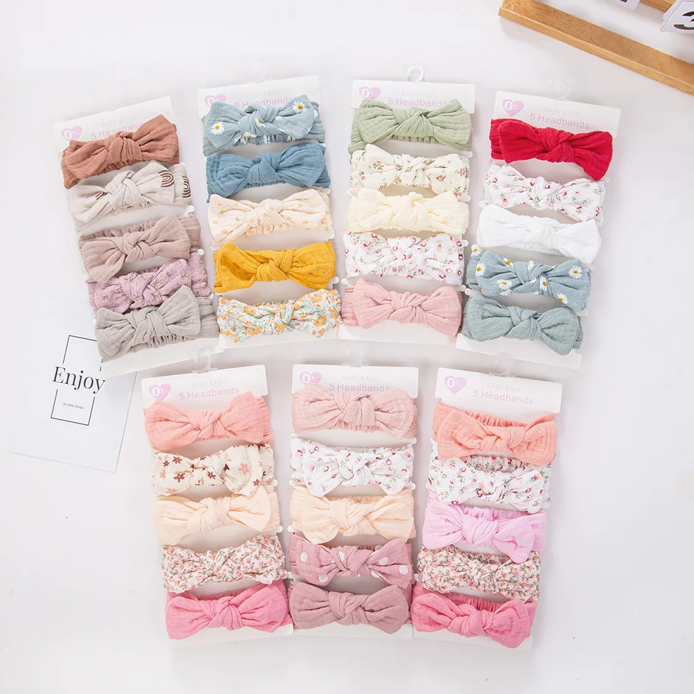 5Pcs/Set Solid Muslin Cotton Linen Baby Headband Elastic Rabbit Ear Hair Band Infant Girl Turban Headwraps Stretch Accessories 250528