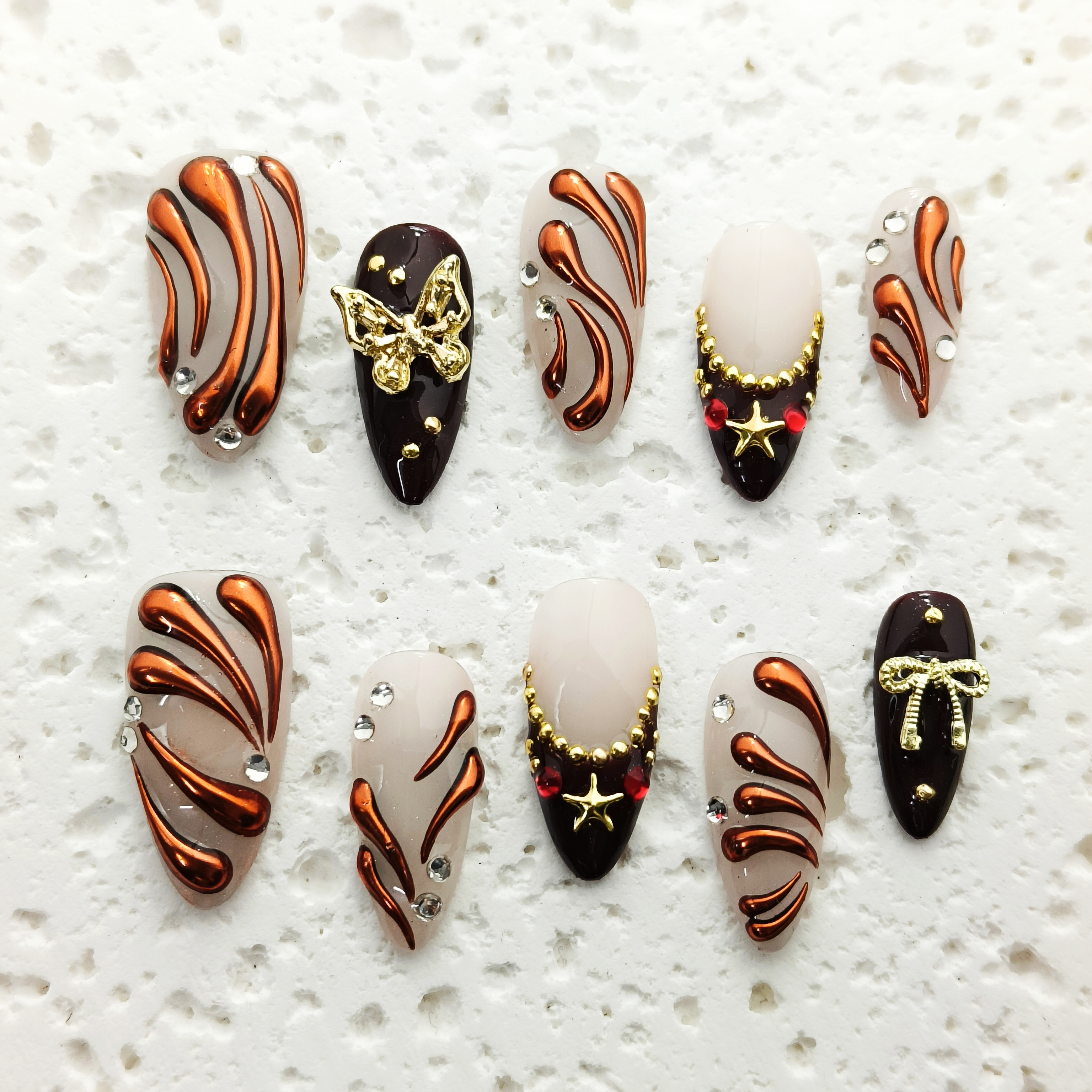 10pcs French Tip Handmade Press-on nails Medium Almond Nails 3D Stars Butterfly Bow Hand drawn Fake nails Bundle Finished nail stickers Reusable Remov