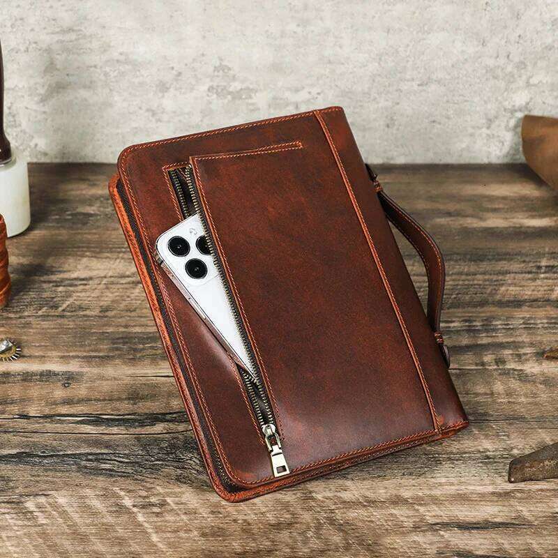 Handmade Genuine Leather A5 Laptop Notebook Cover Wrist Zipper with Pen Slot Business Stationery School Office Supplies