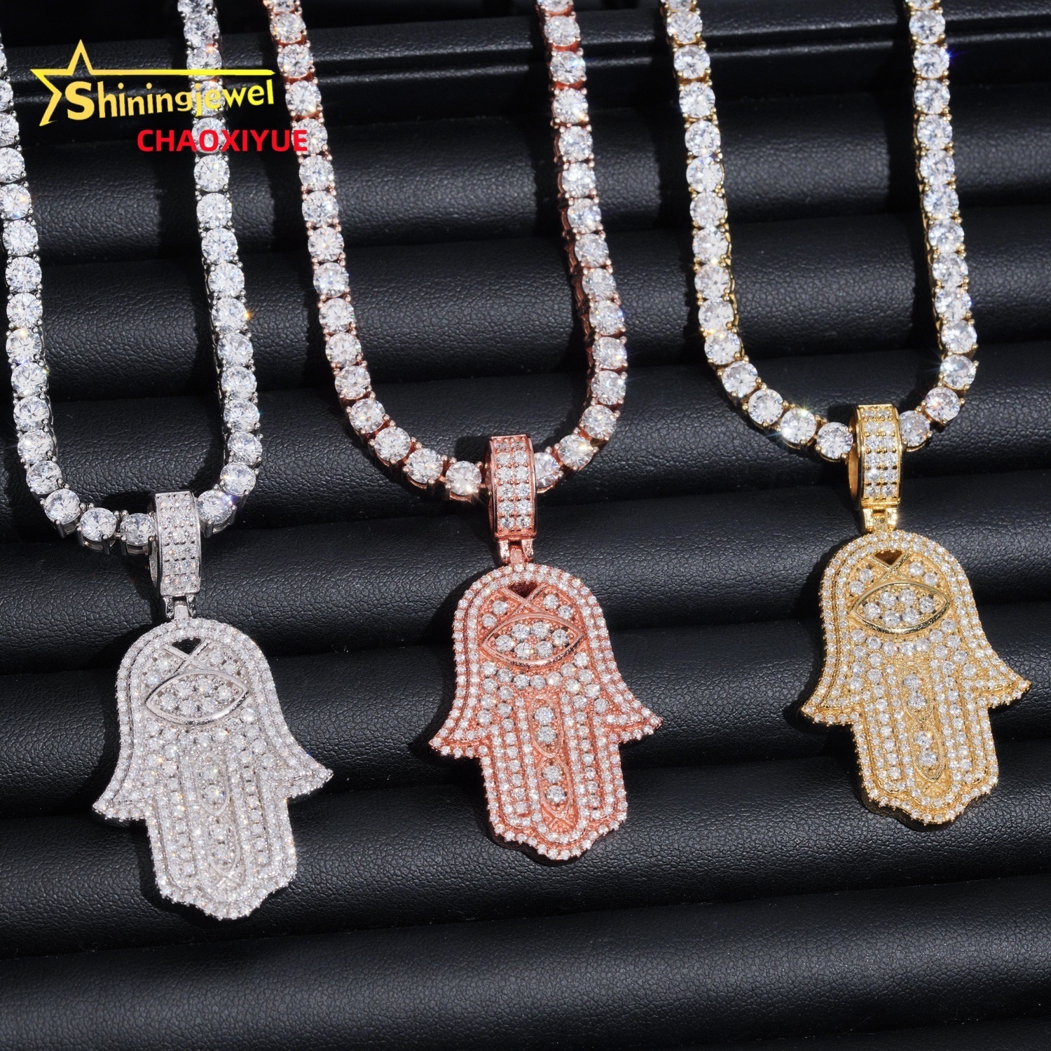 Factory Price RTS 925 Sterling Silver Gold Plating Hip Hop Jewelry VVS Diamond Necklace Moissanite Iced Out Hamsa Pendant