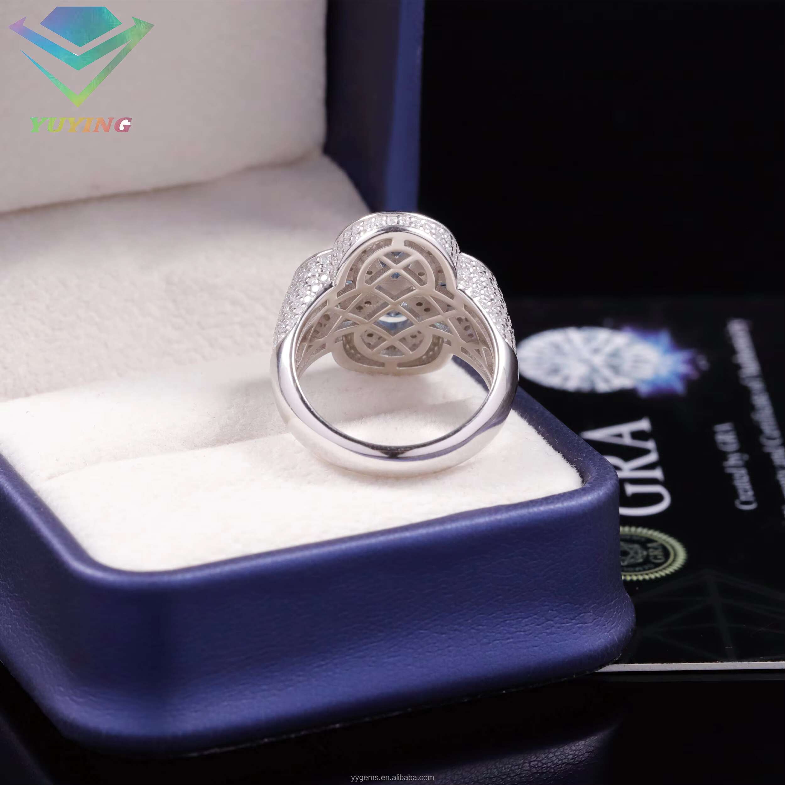 Fashion Clover Blue Mossanite Ring Fine Jewelry 925 Sterling Silver Hip Hop Ring for Men Women VVS Moissanite Diamond Cuban Ring
