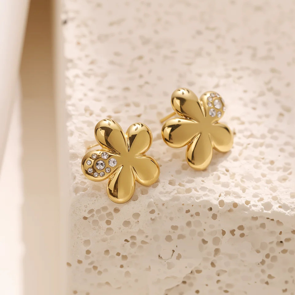 Arrival Gold Color 316LL Stainless Steel Cute Flower Stud Earring For Women Non-Fading CZ Jewelry 250527