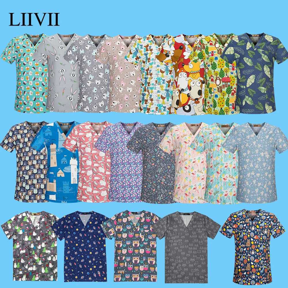 new high quty cotton cartoon print nurse uniform laboratory pet shop overalls fashion slim breathable frosted tops X2505281