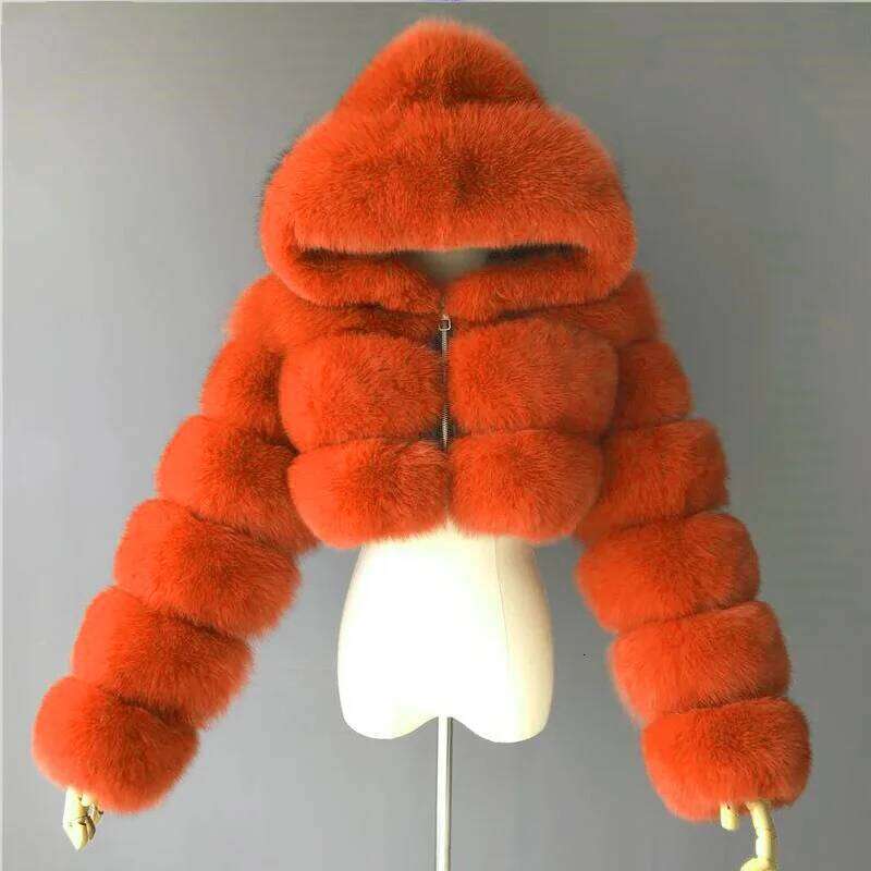 European and American Orange Imitation Fox Hooded Coats Woman ing Long Sleeve Pink Fluffy Jacket Commute Faux Fur Coat
