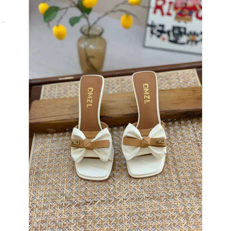 Wearing High Heeled Slippers for External Wear, Korean Fashion Sandals, Fashionable Bow Tie, Square Toe, Slim Heel Women's Shoes