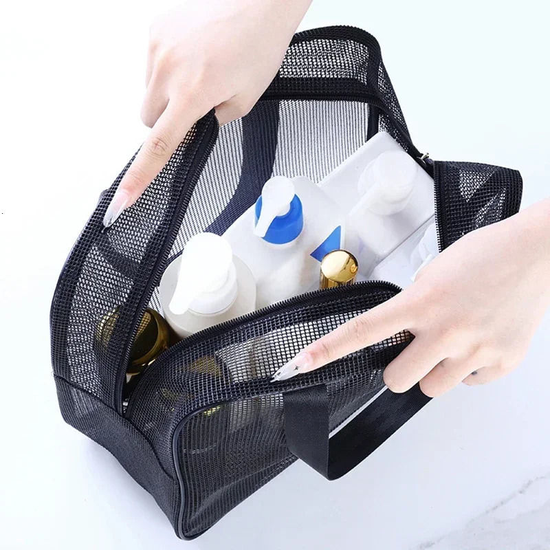 Mesh Wash Beach Bag Men Women Portable Hand-held Travel Storage Cosmetic Pouch Black Fitness Bath Pocket Bath Organizer 250528