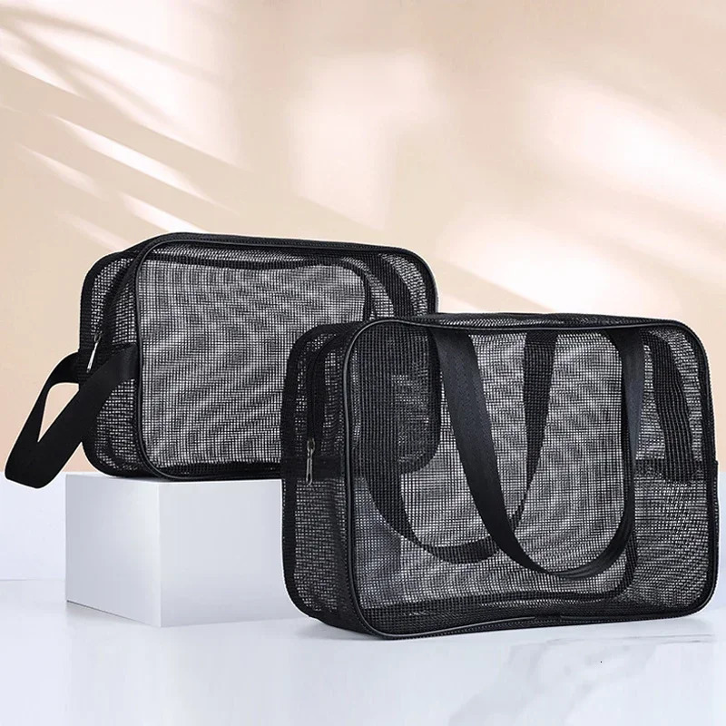 Mesh Wash Beach Bag Men Women Portable Hand-held Travel Storage Cosmetic Pouch Black Fitness Bath Pocket Bath Organizer 250528