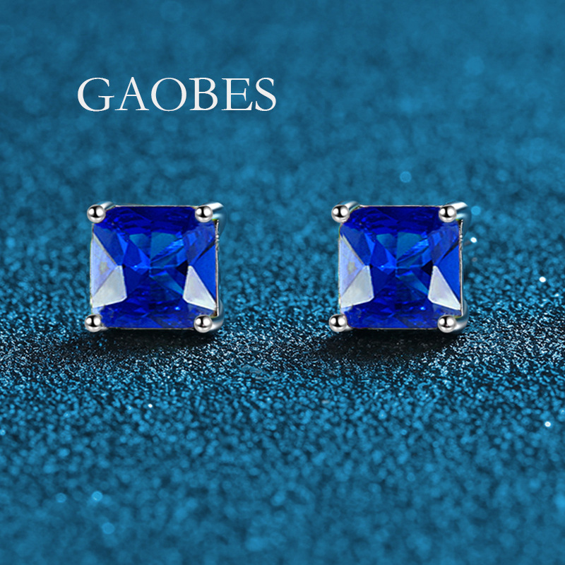 S925 Sterling Silver Minimalist Four-Prong Square Earrings with Green, Blue, Purple, and Pink Gemstones, Elegant and Small Luxury Studs