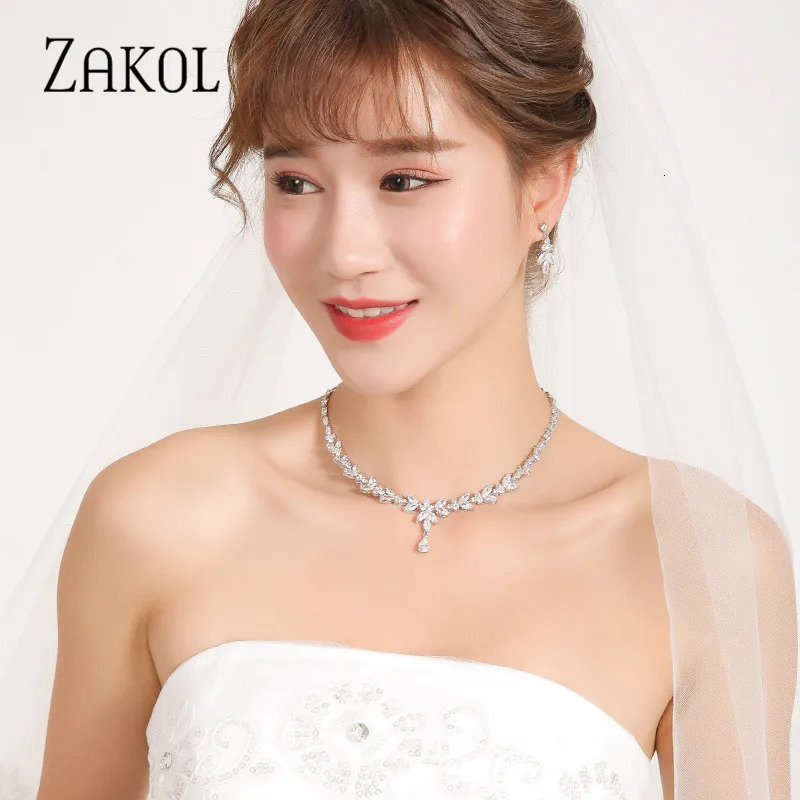 ZAKOL Brilliant Zirconia Leaf Necklace Earrings Rings Bracelets Set for Women CZ Drop Bridal Wedding Jewelry Sets 250527