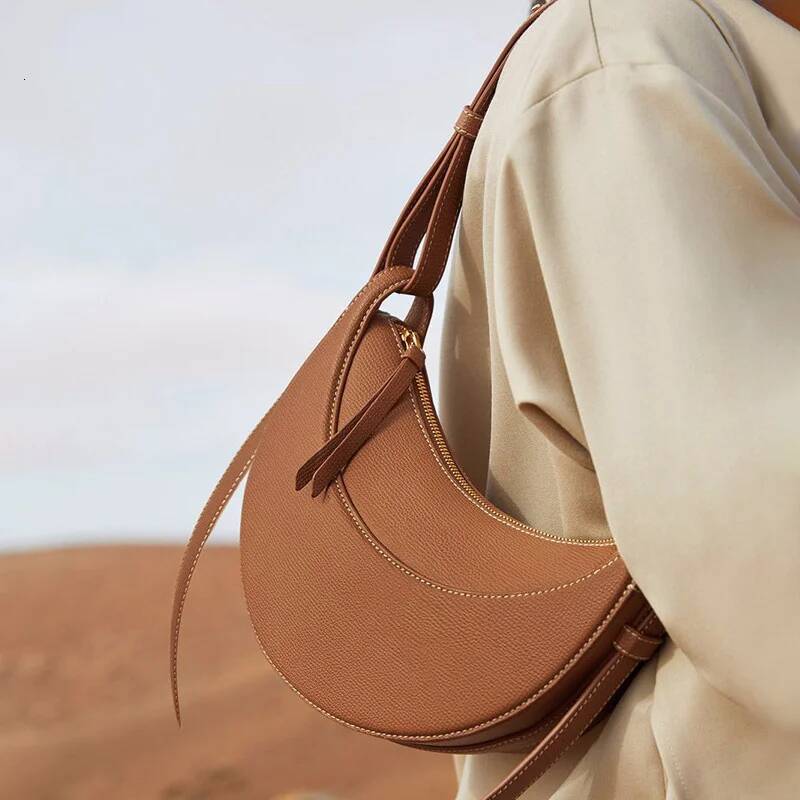French Niche Design Single Shoulder Crossbody Crescent Genuine Leather Women's Bag, Armpit Saddle Bag