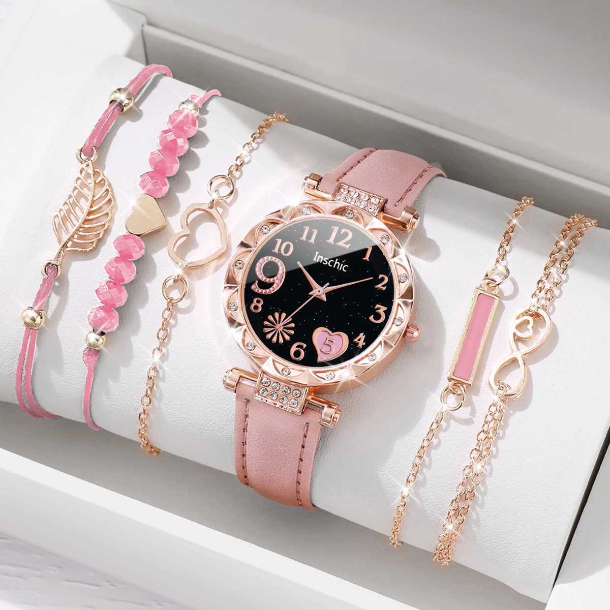 6PCS/Set Fashion Heart Dial Womens Watch Casual Leather Band Analog Quartz Watch Leaf Bracelets SetWithout Box XJ250527