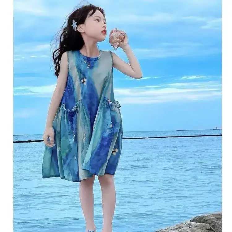 Girls Casual Dresses Blue Tie Dye Print Sleeveless Dress Party Dress for Kids Girl Princess Dress Girls Clothes X250528
