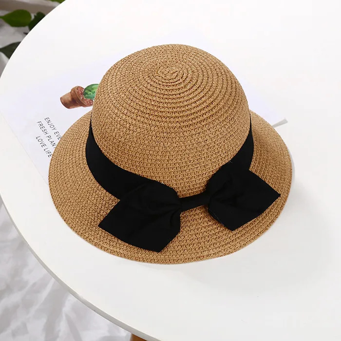 Spring Summer Mother Daughter Straw Plaited Bucket Hat Cap Beach Holiday Round Top Outdoor Bow Sunhat Kids Girls Hats and Caps 250528