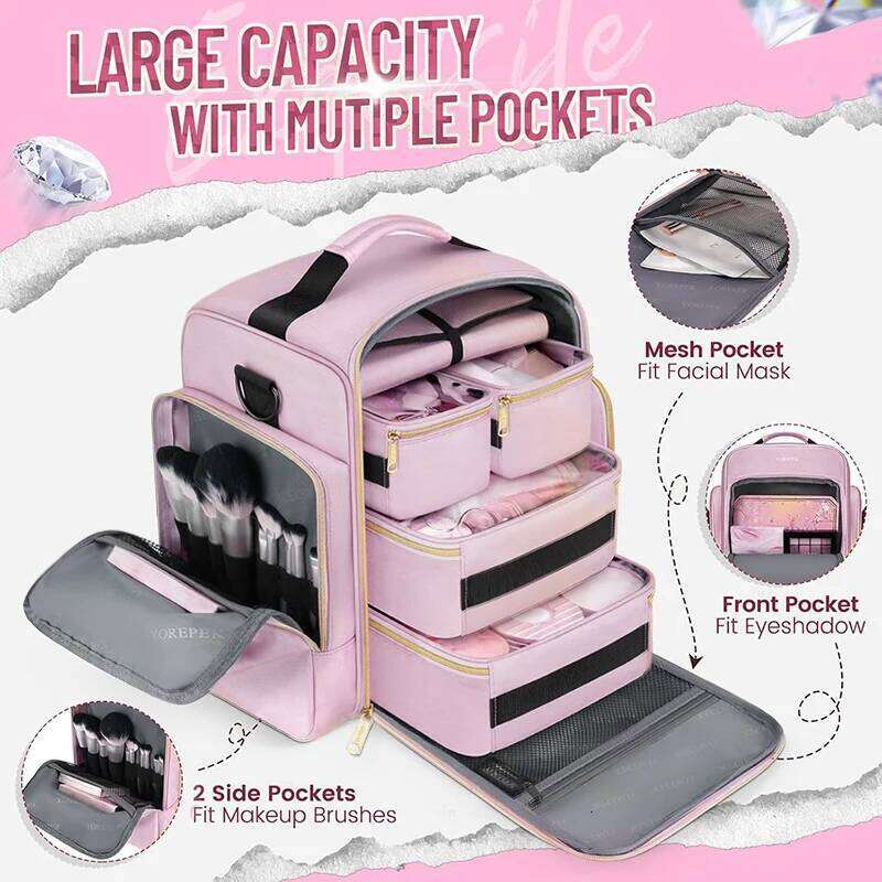 Pink Professional Manicure Suitcases Large Capacity Case Multi-Layer Jewelry Storage Bag Removable Makeup Backbag