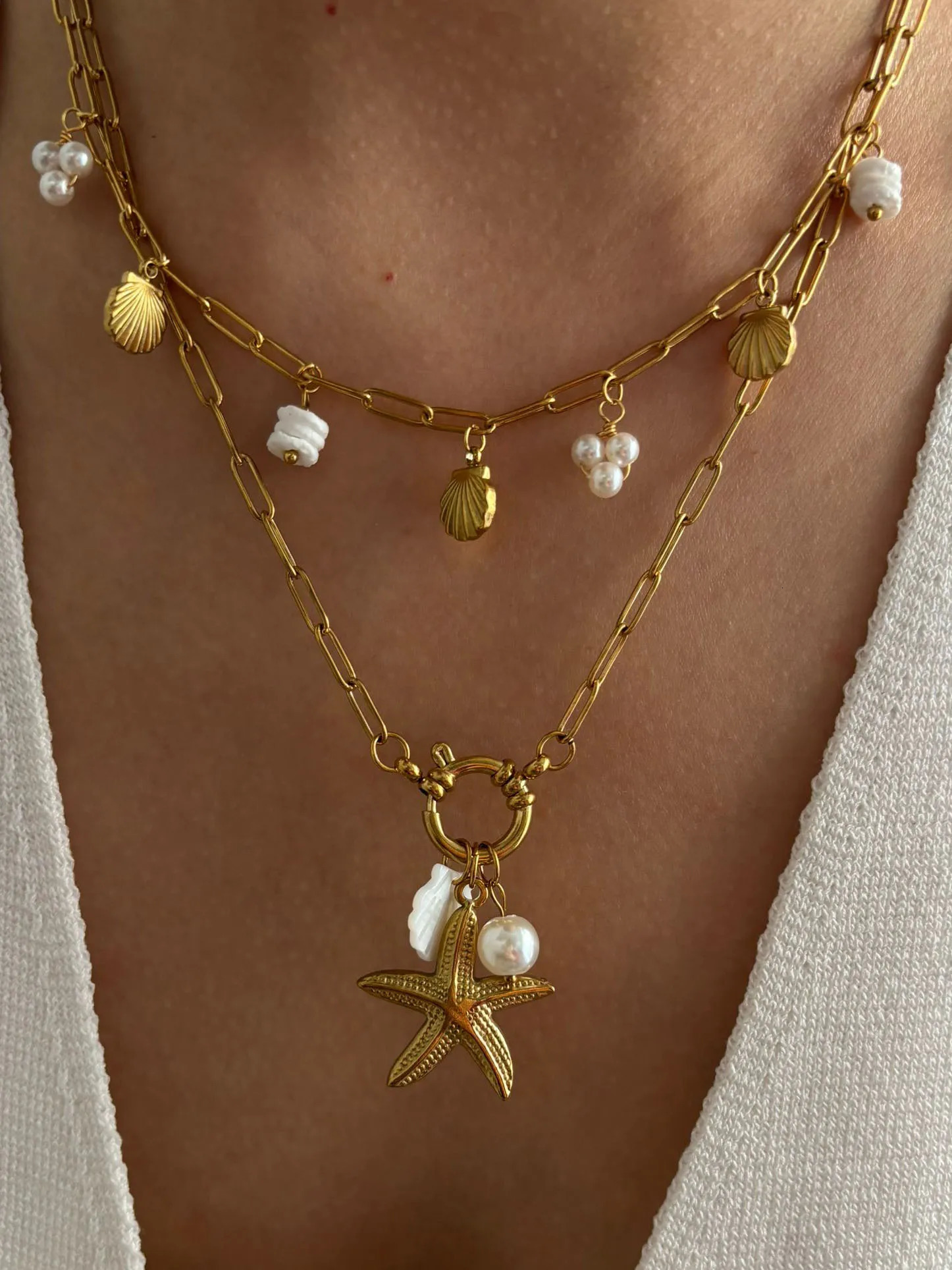 GHIDBK Fashion Stainless Steel Starfish Shell Pearl Pendant Necklaces for Women Beach Party Stackable Jewelry 2025 250522