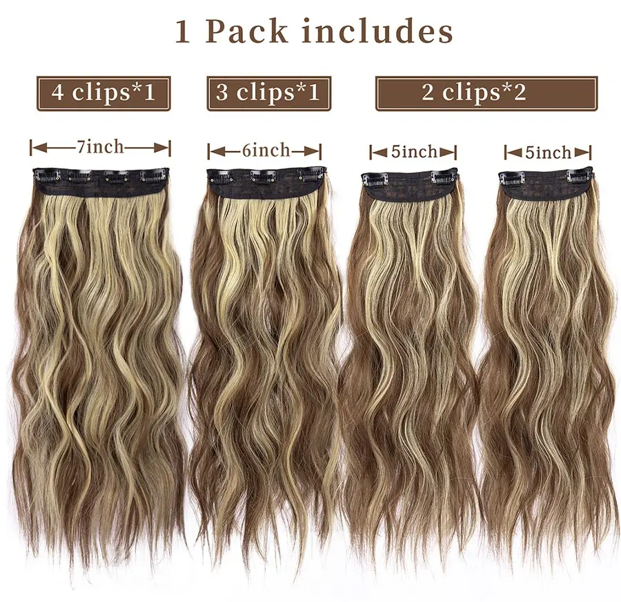 LeeWin Vigorous Long Wavy Clip On Hair Extension For Women 4PCS/Set Hair Extensions Single Color Synthetic Hair Piece